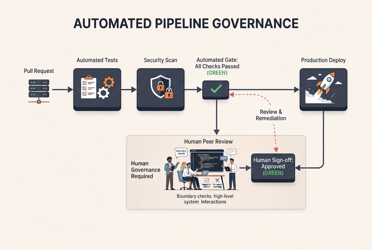 Process diagram illustrating human-in-the-loop code review checkpoints