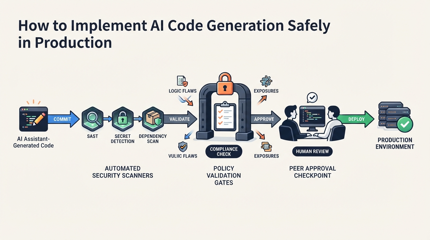 Technical architecture diagram showing AI code generation pipeline with security guardrails and human review stages