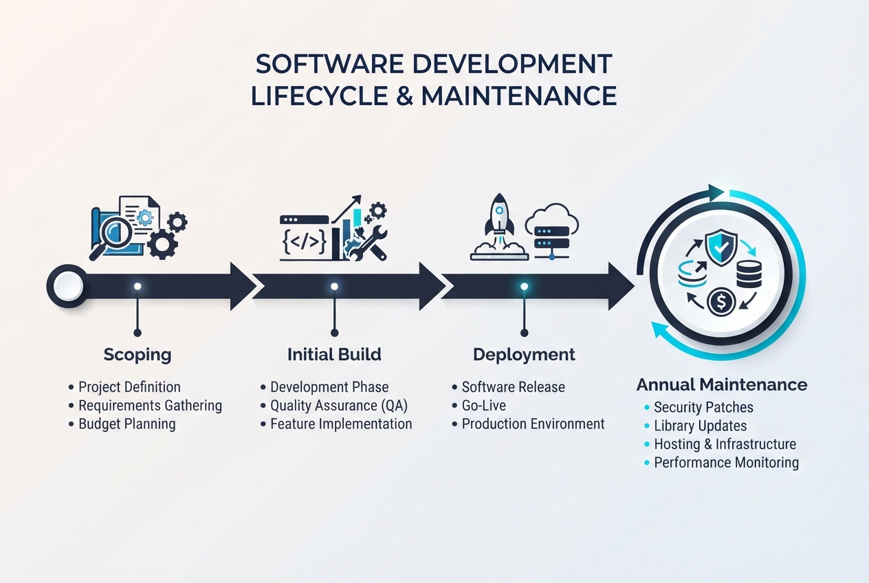 Timeline illustrating software lifecycle stages from initial build to annual maintenance