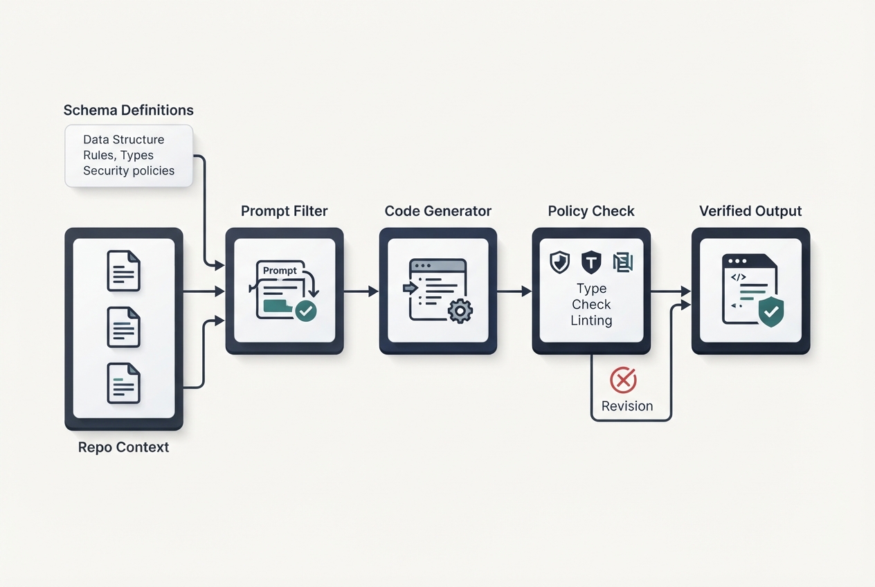 Flowchart displaying context-aware input rules feeding into a code generation engine