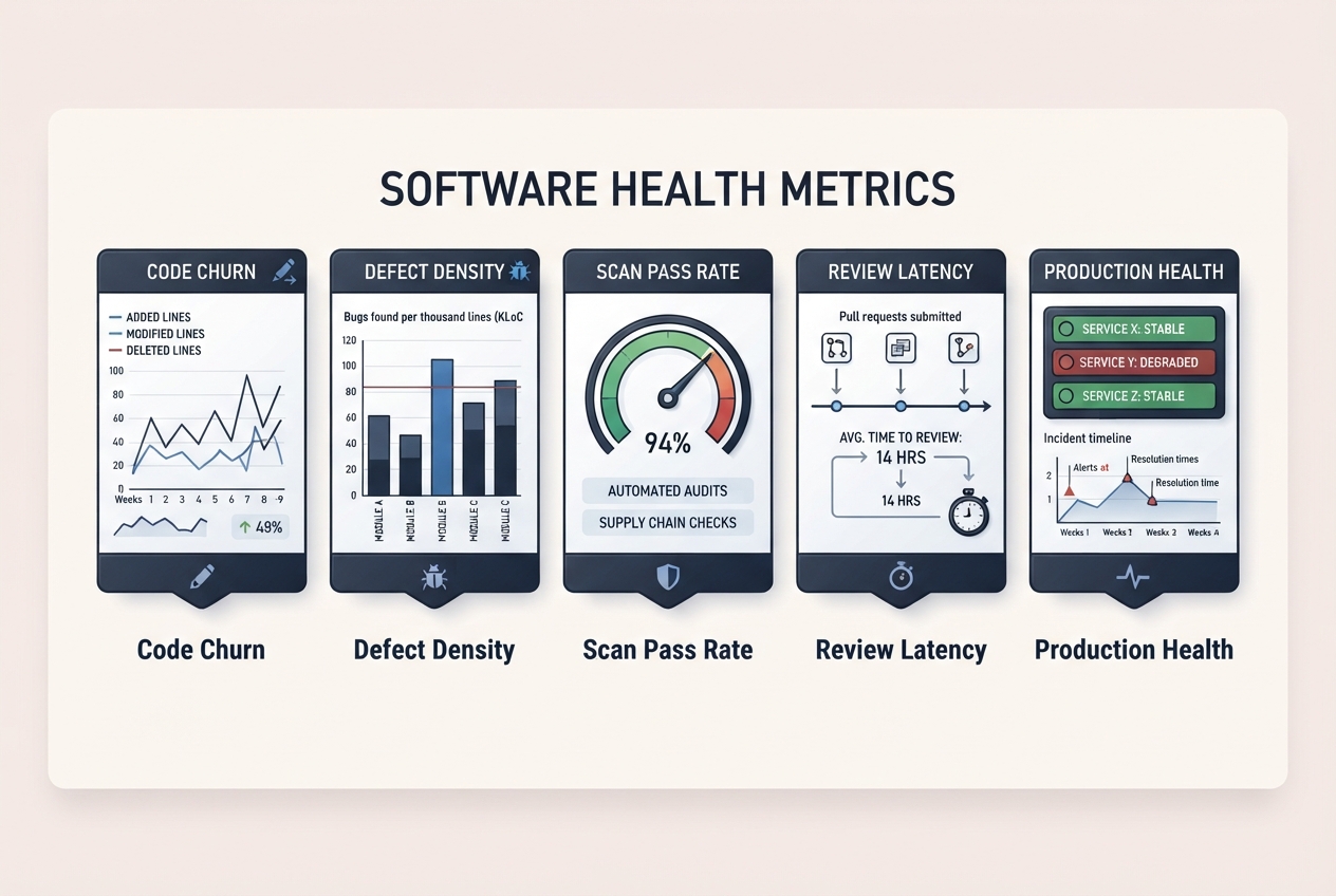 Dashboard displaying software engineering metrics and vulnerability trends